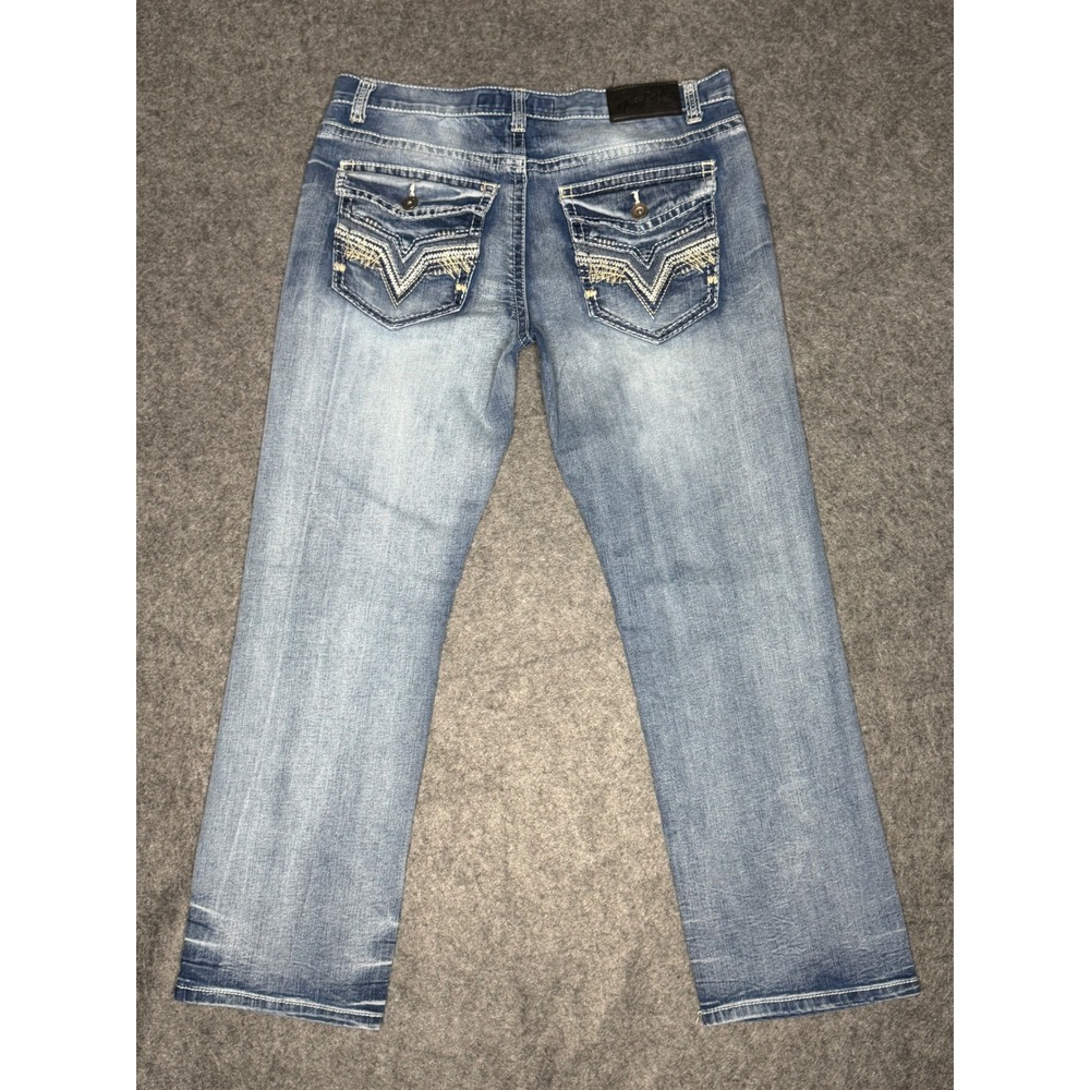 True Luck Mens Straight Leg Jeans Medium Wash Embroidered Flap Pockets 32x30 - Picture 8 of 10